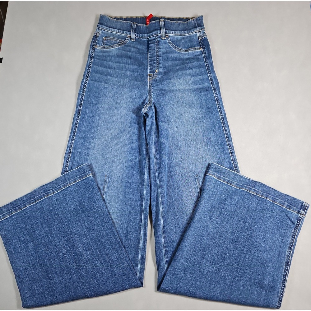 Spanx Womens High Rise Seamed Front Wide Leg Pull On Blue Jeans Size Small Tall